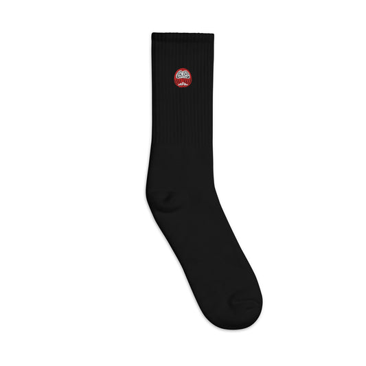 Aymar Quiris Studio black Japan-Daruma Lucky Charm socks, minimalist Japanese art footwear, unisex streetwear style black socks