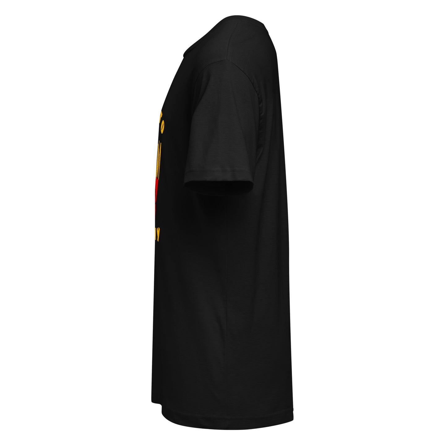 Side profile of Frites black short sleeve shirt from Aymar Quiris Studio, comfortable unisex fit streetwear tee, high-quality cotton graphic T-shirt detail.