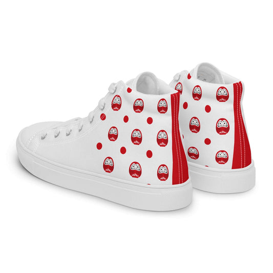 Side profile of Japan-Daruma Lucky Charm white canvas shoes, Aymar Quiris Studio unisex sneakers with vibrant Japanese folk art print, trendy streetwear shoes.