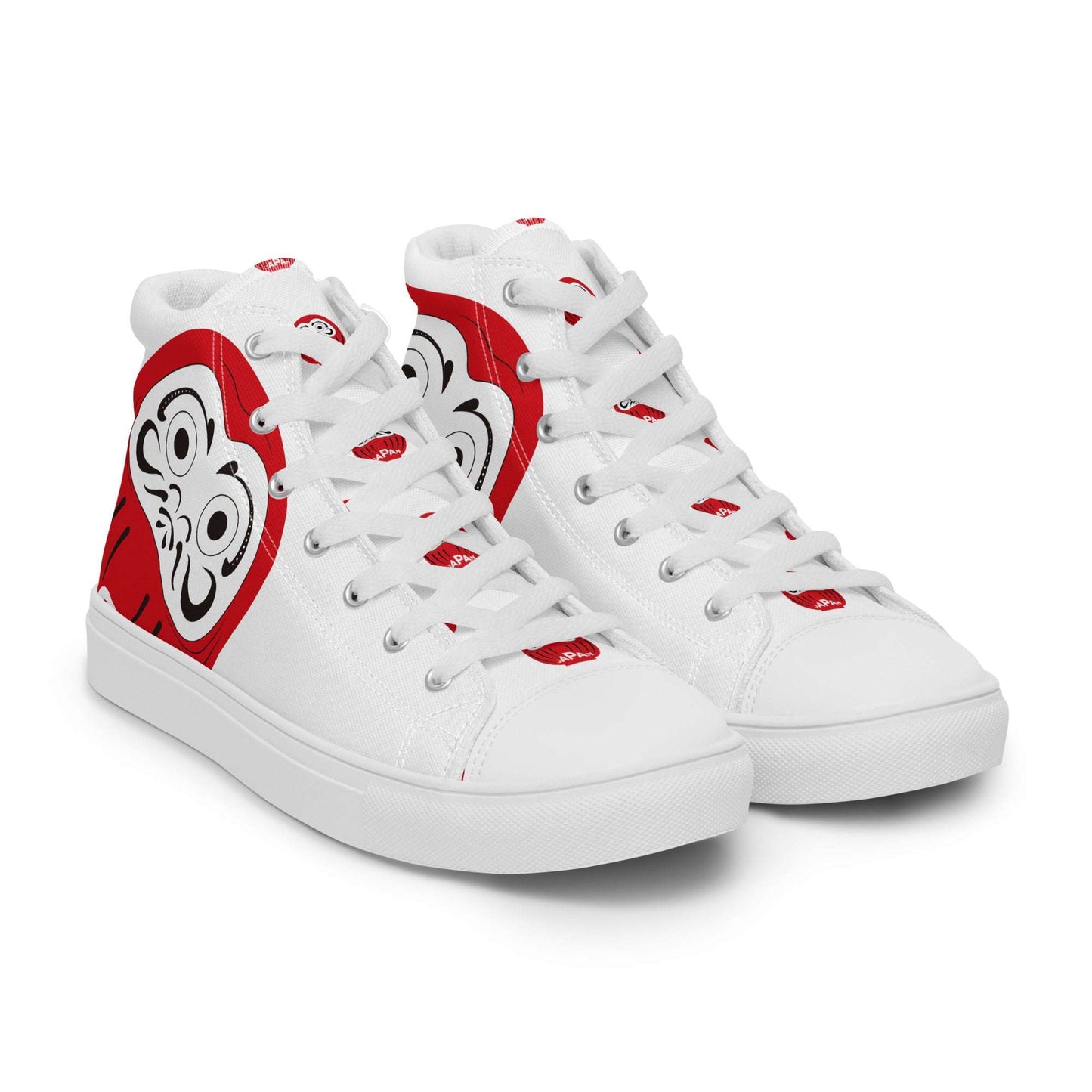 Close-up of the red Daruma mask print on white canvas shoes, high-definition artistic detail of Aymar Quiris Studio Japan-Daruma Lucky Steps collection.