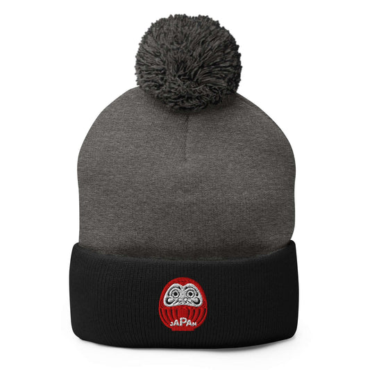 Japan-Daruma Lucky Charm pom-pom beanie by Aymar Quiris Studio, black and dark grey two-tone unisex winter hat, Japanese themed knit cap.
