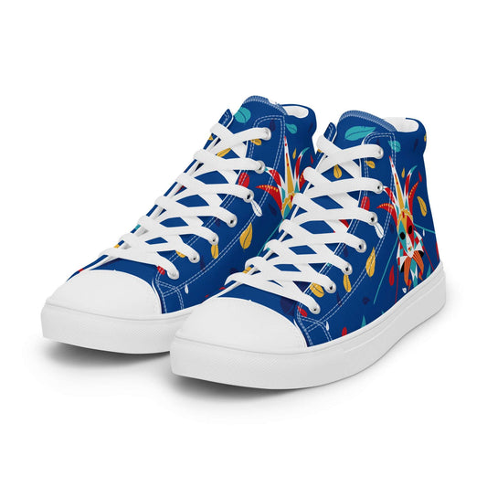 Side profile of Aymar Quiris Studio Italy-Venetian Carnival Night shoes, trendy blue canvas sneakers with intricate mask graphics, cool artistic street style shoes.