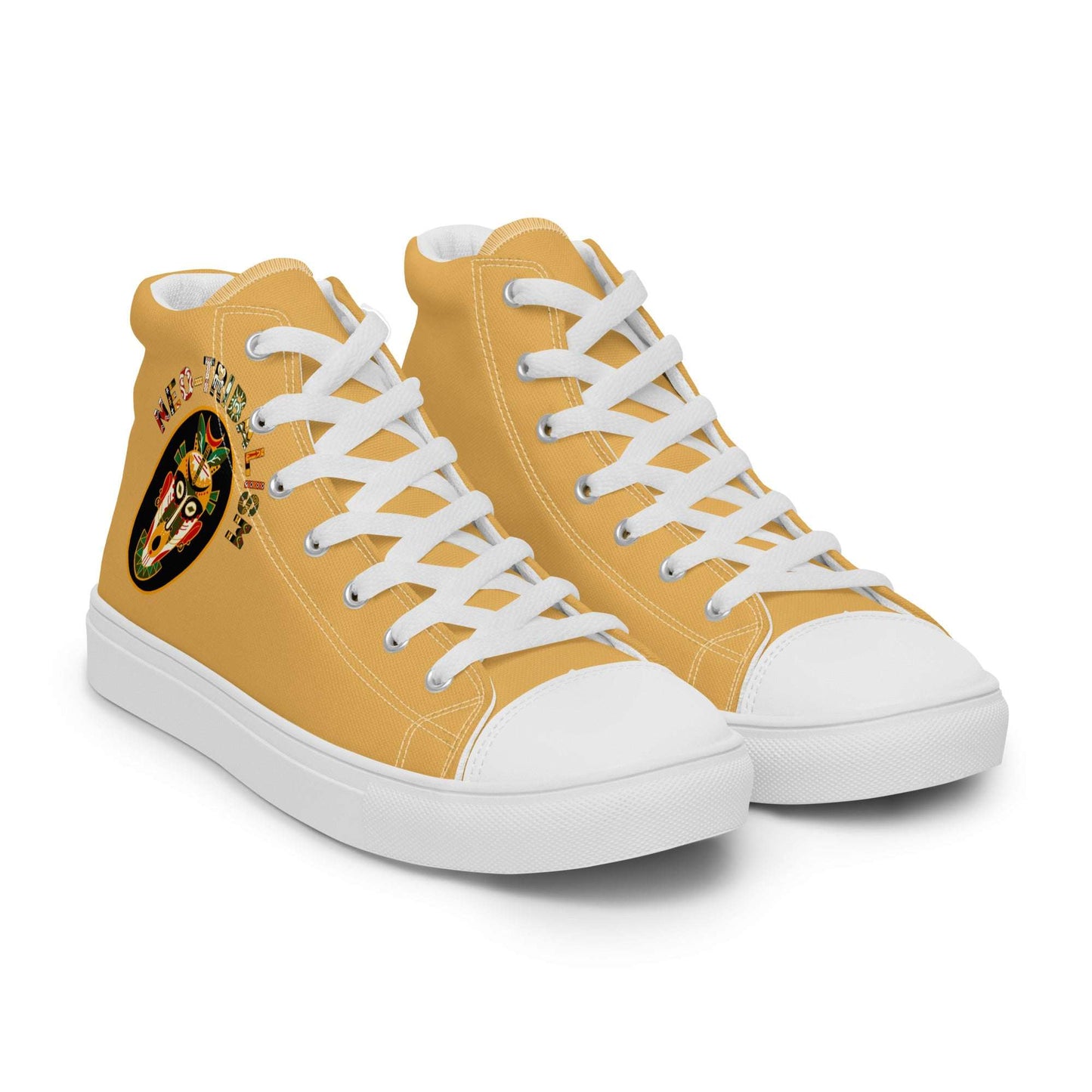 Side view of Africa-Neo Tribal Mask mustard yellow canvas high-tops from Aymar Quiris Studio, bold ethnic pattern streetwear sneakers for men and women.