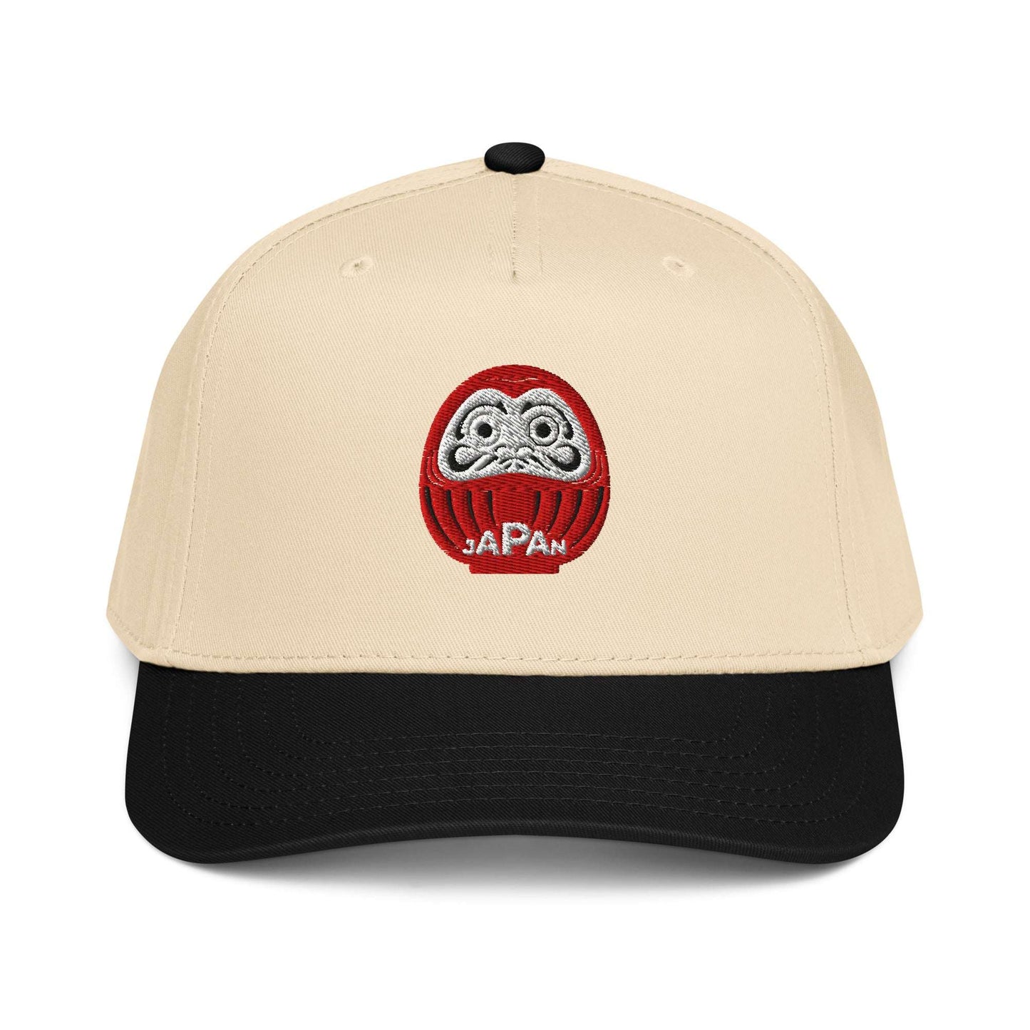 Black and off-white two-tone Japan-Daruma Lucky Charm 5 panel cap from Aymar Quiris Studio, adjustable unisex Japanese art hat for outdoor and street style.