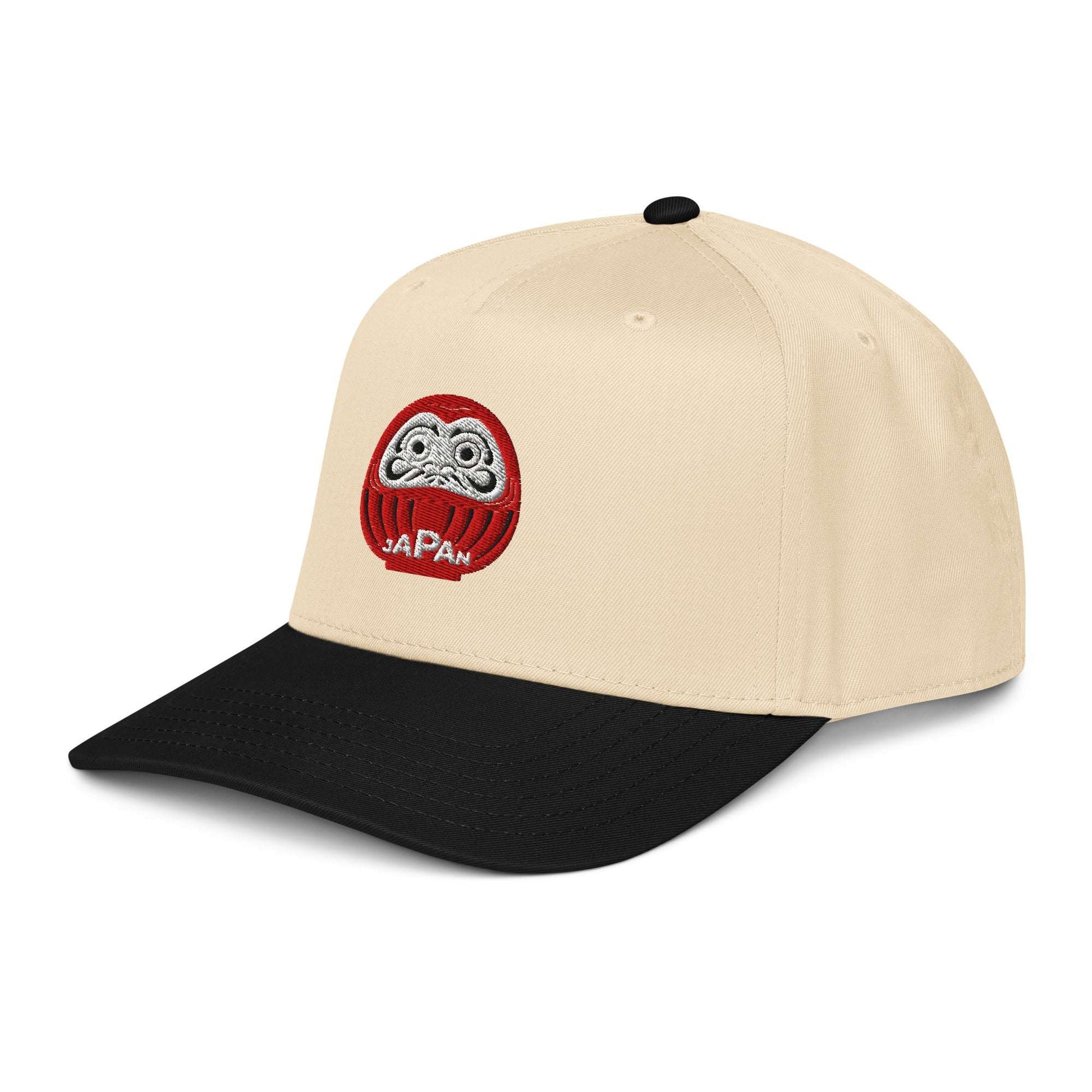 Aymar Quiris Studio black and cream 5-panel hat, vintage style unisex streetwear cap, two-tone Japanese lucky charm flat brim hat.