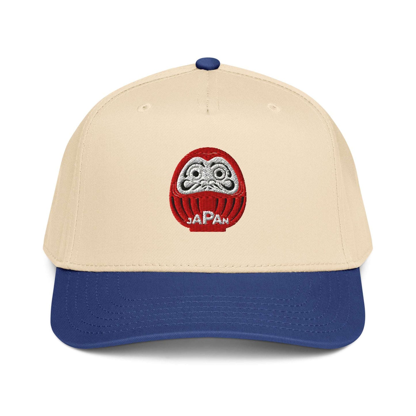 Japan-Daruma Lucky Charm 5 panel cap by Aymar Quiris Studio, blue and off-white unisex camper hat with Japanese Daruma art
