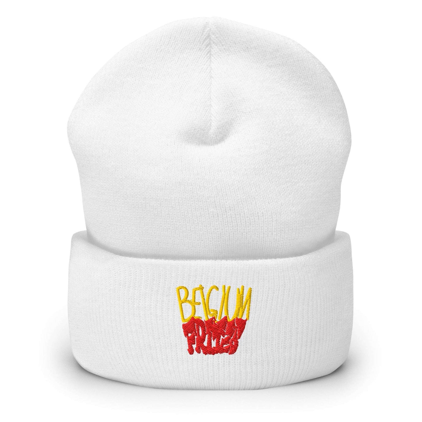 Frites white cuffed beanie from Aymar Quiris Studio, unisex clean white winter knit cap with French fries art, stylish cozy headwear.