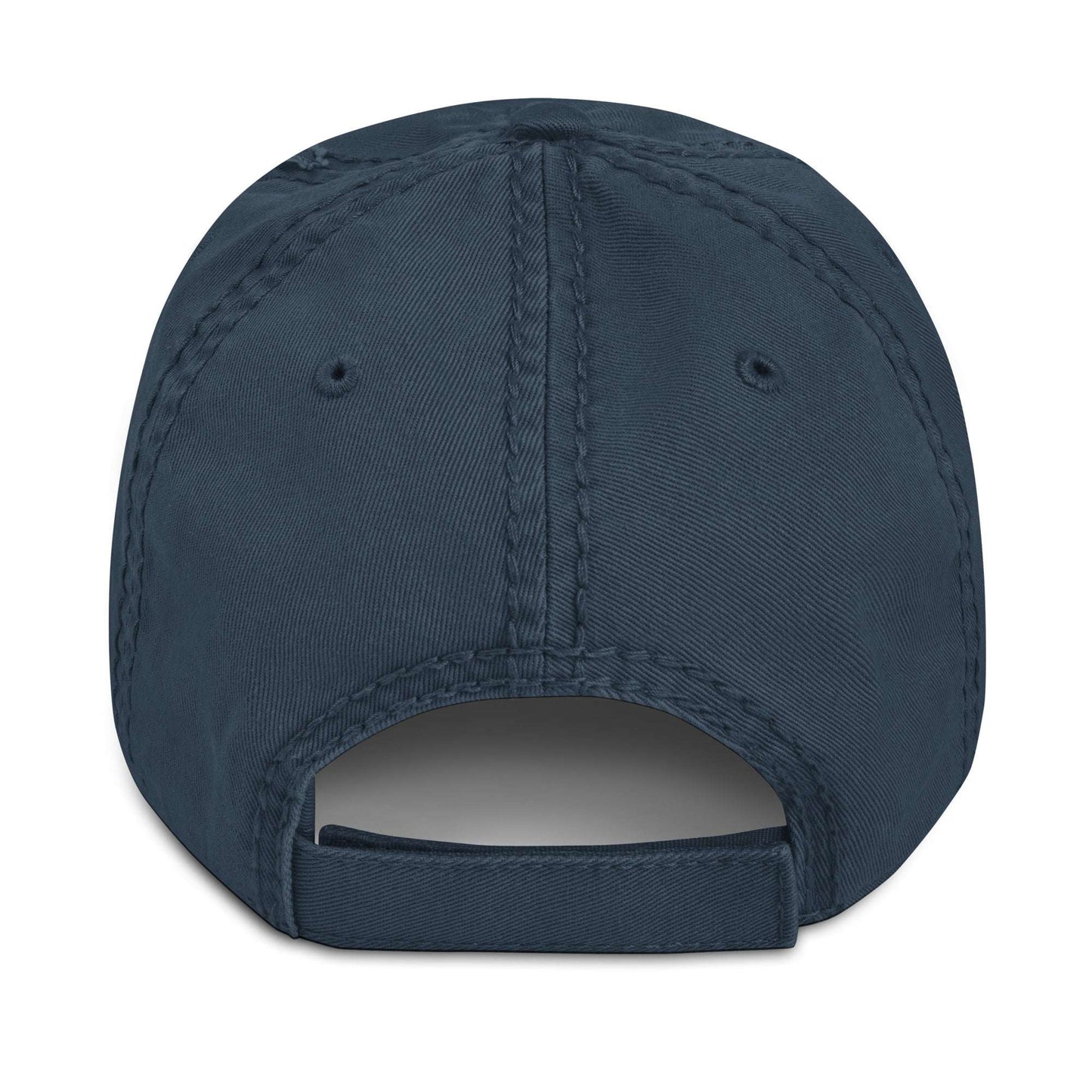 Back of blue Frites dad hat by Aymar Quiris Studio, adjustable metal buckle strapback unisex headwear.