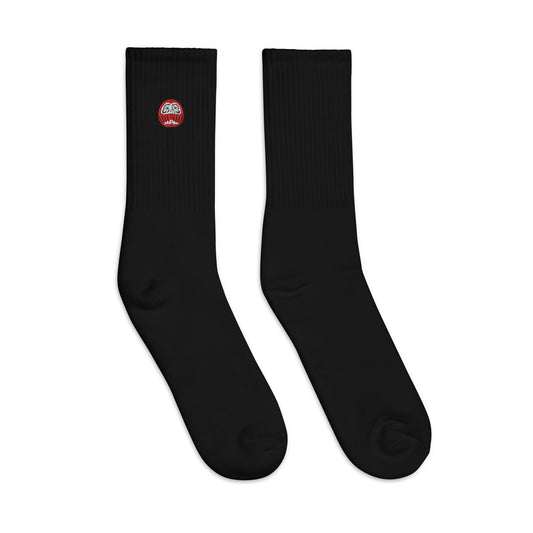 Japan-Daruma Lucky Charm black socks by Aymar Quiris Studio, unisex Japanese Daruma doll pattern crew socks for men and women