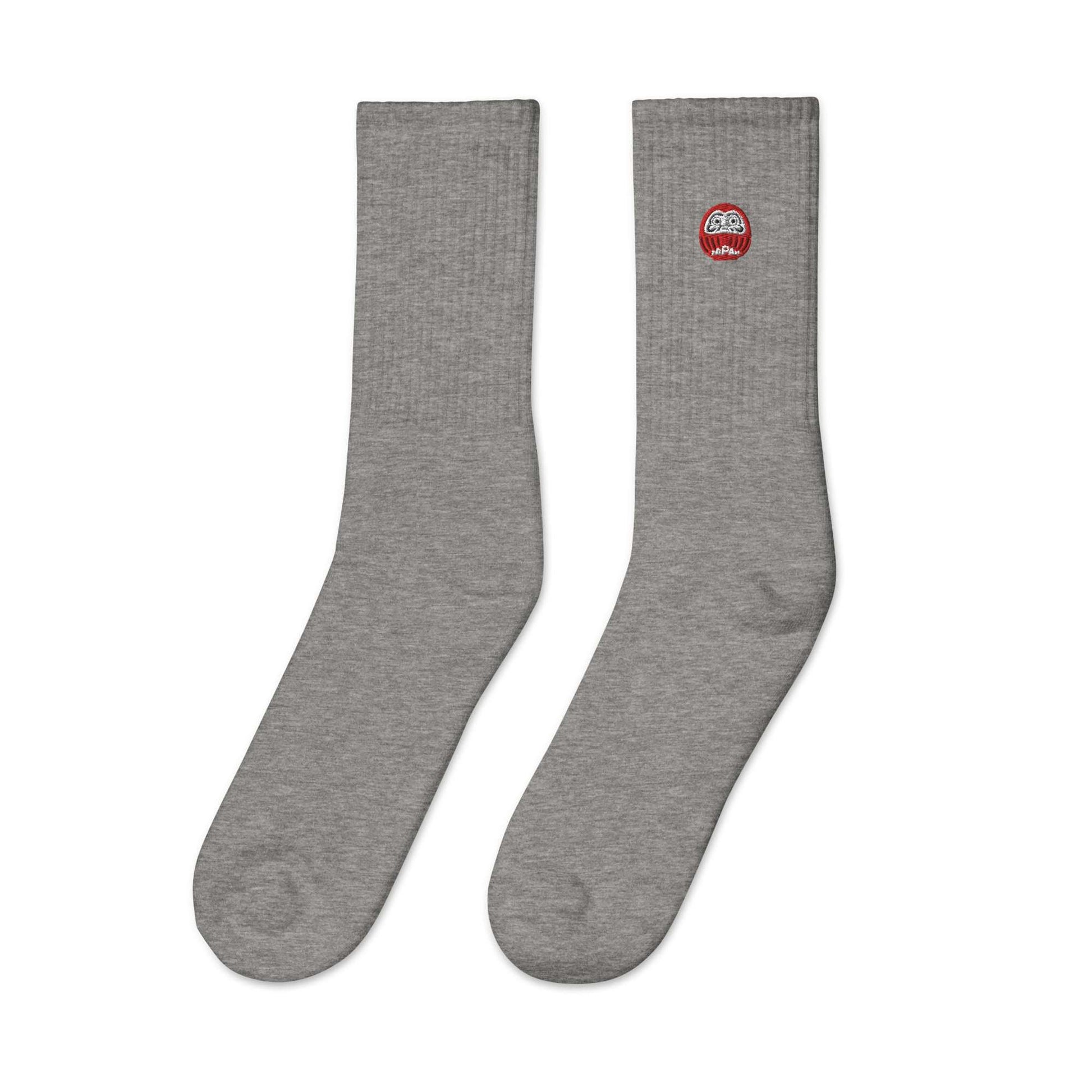 Aymar Quiris Studio grey Japan-Daruma Lucky Charm socks, minimalist neutral color unisex socks with Japanese art, stylish daily footwear.