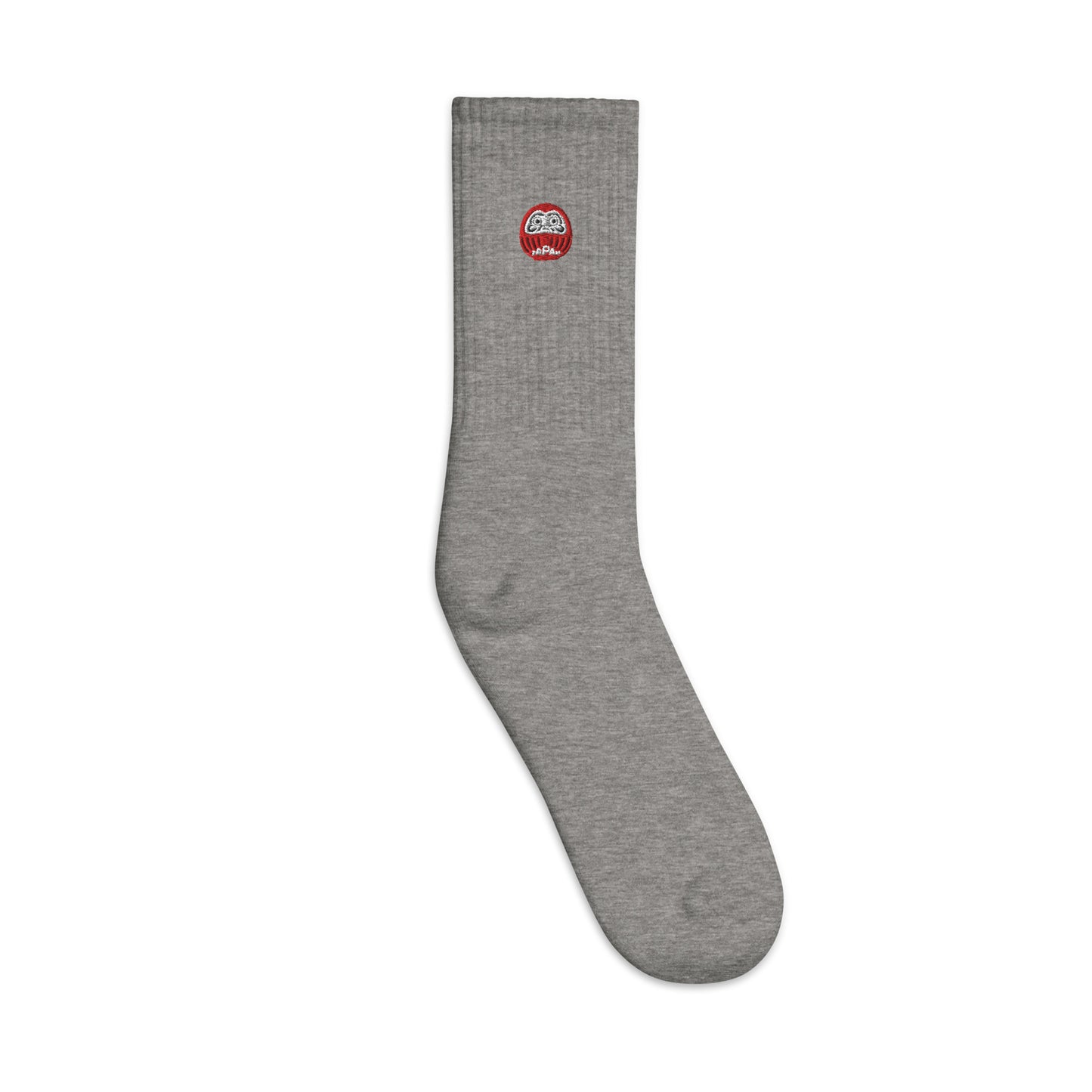 Japan-Daruma Lucky Charm grey socks by Aymar Quiris Studio, unisex Japanese Daruma pattern crew socks in heather grey.