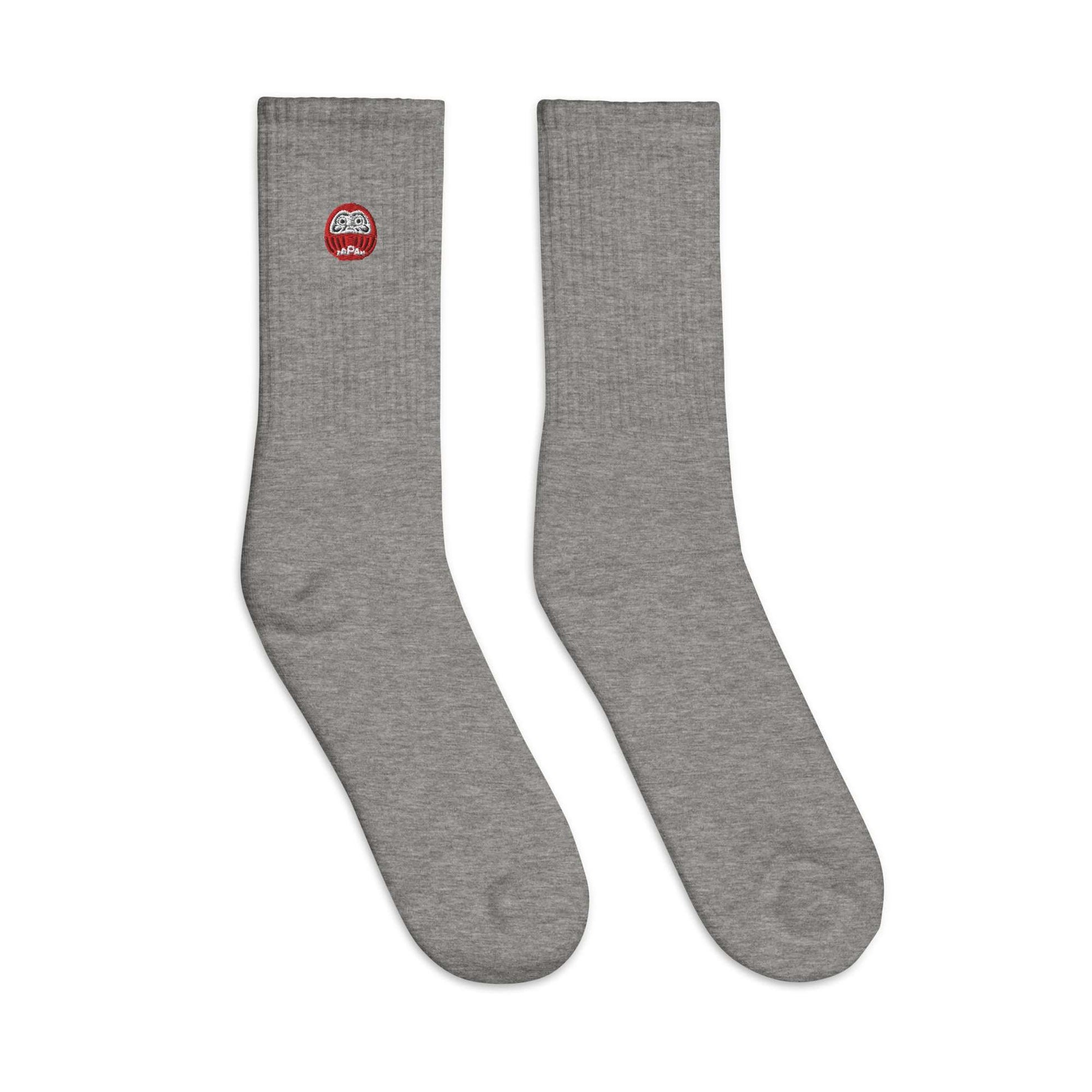 Unisex grey Japan-Daruma Lucky Charm socks from Aymar Quiris Studio, soft grey Japanese lucky charm patterned socks for men and women.