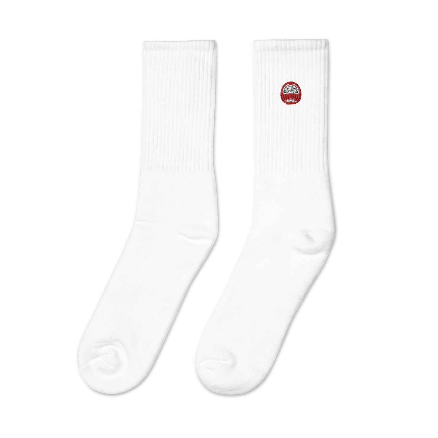 Aymar Quiris Studio white Japan-Daruma Lucky Charm socks, classic white unisex socks with red Daruma art, clean minimalist Japanese style.