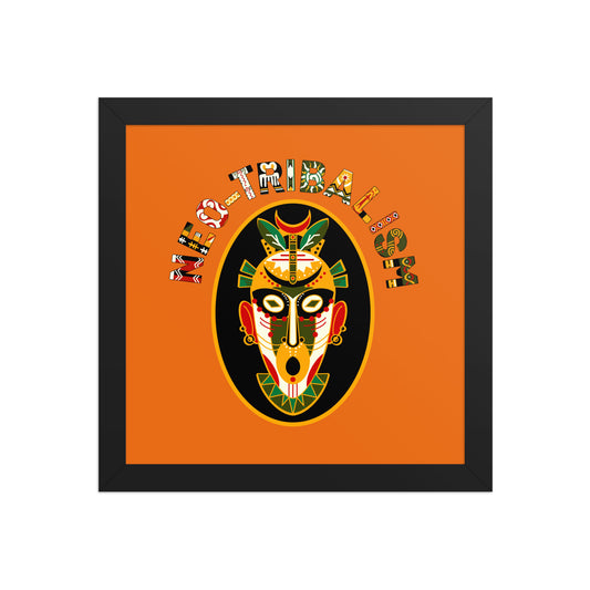 Aymar Quiris Studio retro orange tribal art print, framed neo-tribal mask poster, vintage-style amber wall decor for modern living room, various size options.