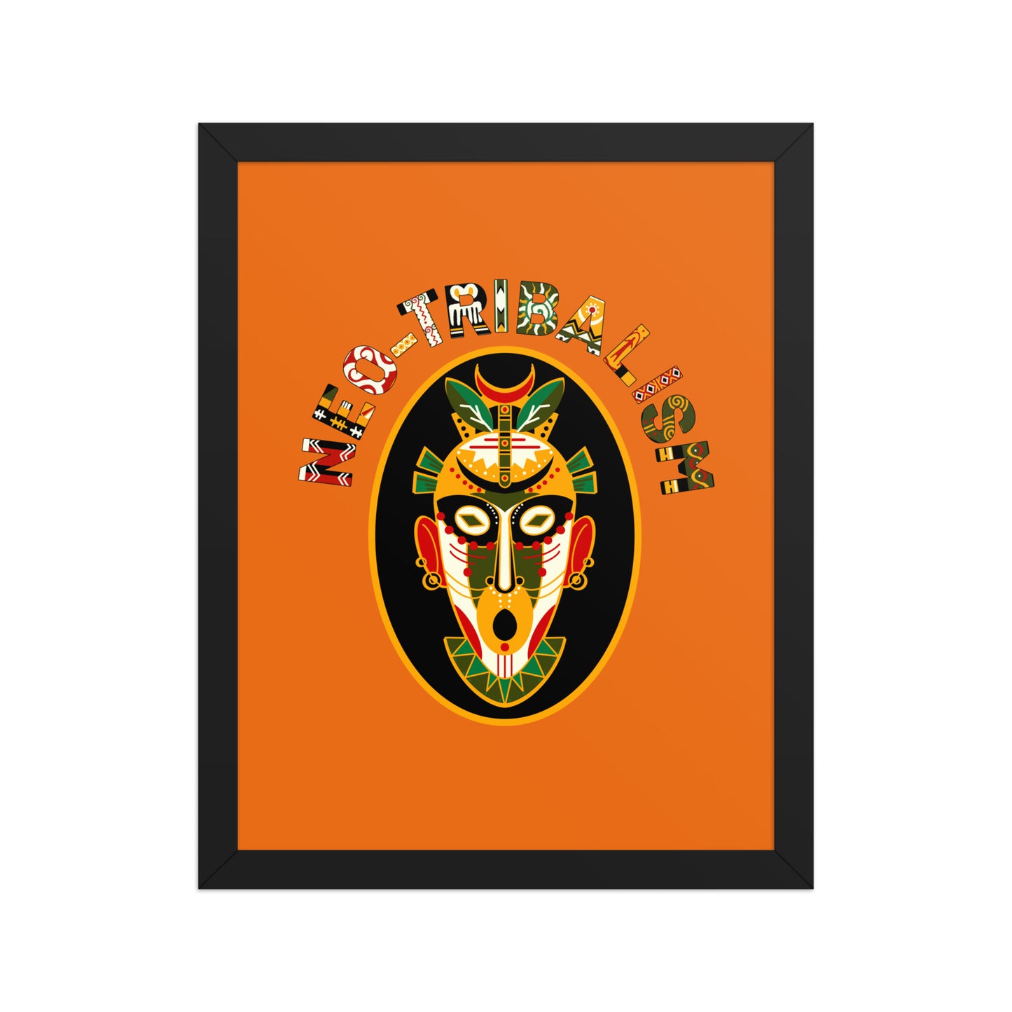 High-quality framed Africa-Neo Tribal Mask art print from Aymar Quiris Studio, vibrant orange ethnic graphic poster, versatile wall hanging available in small to large sizes.