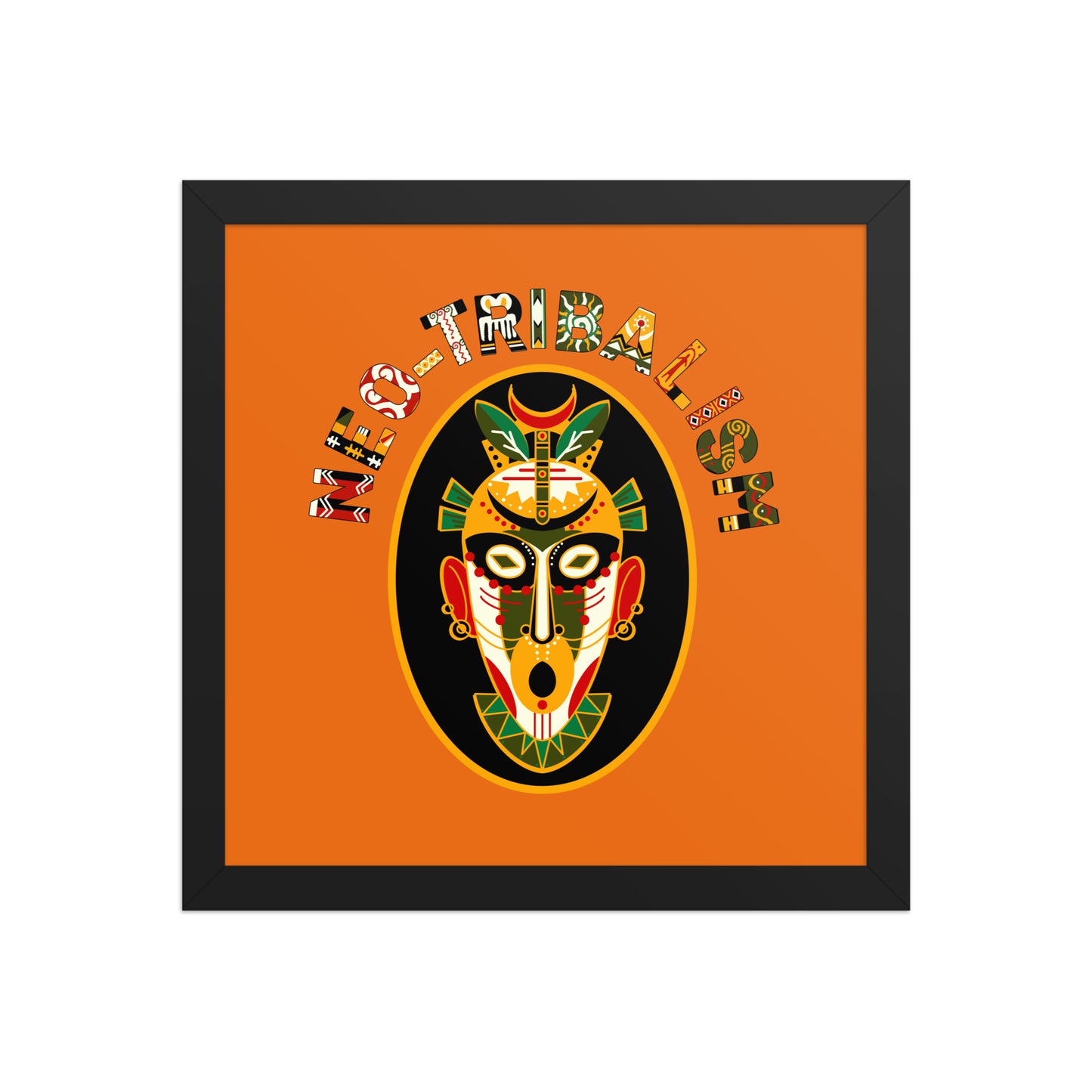 Africa-Neo Tribal Mask framed poster by Aymar Quiris Studio, 12x12 inch burnt orange retro wall art, ethnic tribal mask print with high-quality frame.