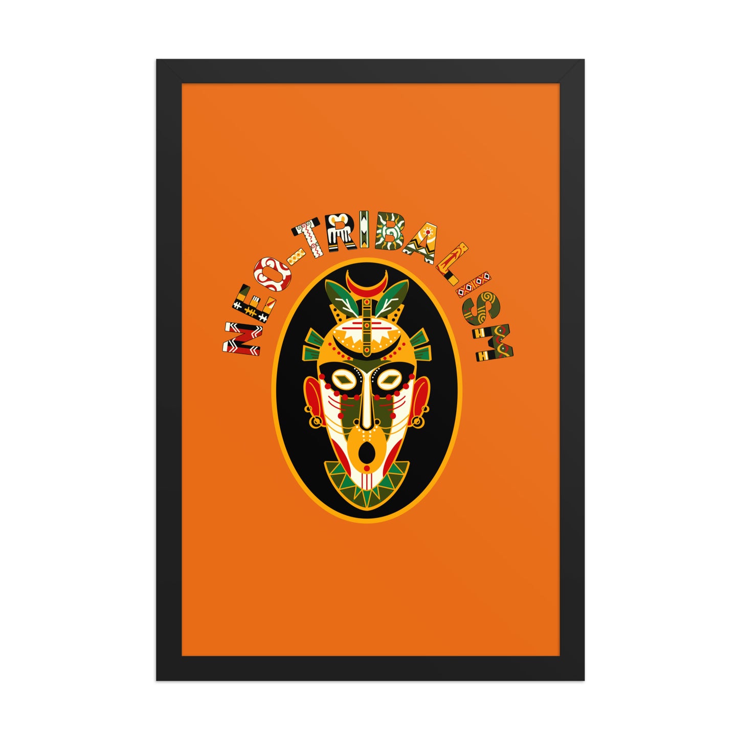 Africa-Neo Tribal Mask framed poster by Aymar Quiris Studio, 12x18 inch burnt orange retro wall art, ethnic tribal mask print with high-quality frame.