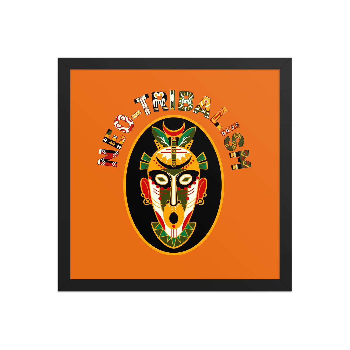 Africa-Neo Tribal Mask framed poster by Aymar Quiris Studio, 14x14 inch burnt orange retro wall art, ethnic tribal mask print with high-quality frame.