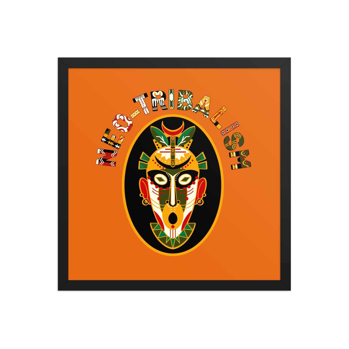 Africa-Neo Tribal Mask framed poster by Aymar Quiris Studio, 16x16 inch burnt orange retro wall art, ethnic tribal mask print with high-quality frame.