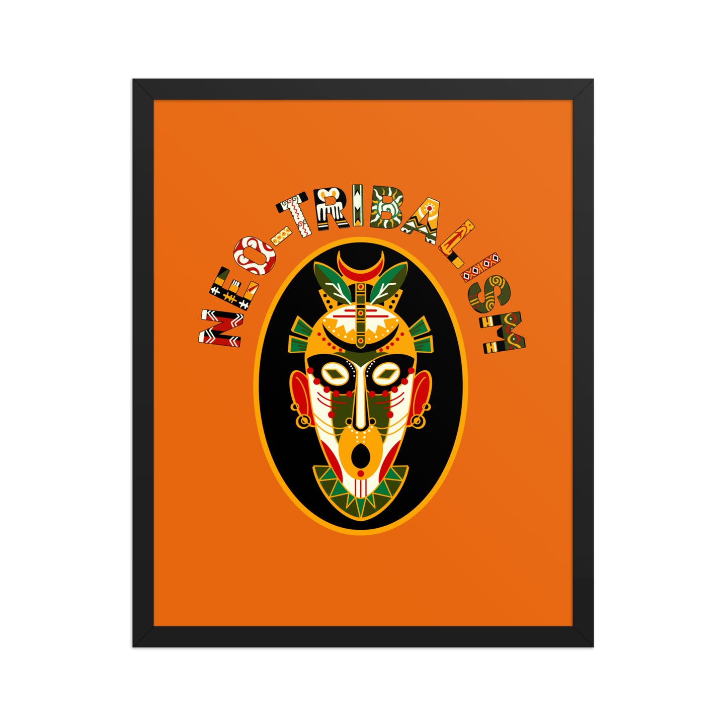Africa-Neo Tribal Mask framed poster by Aymar Quiris Studio, 16x20 inch burnt orange retro wall art, ethnic tribal mask print with high-quality frame.