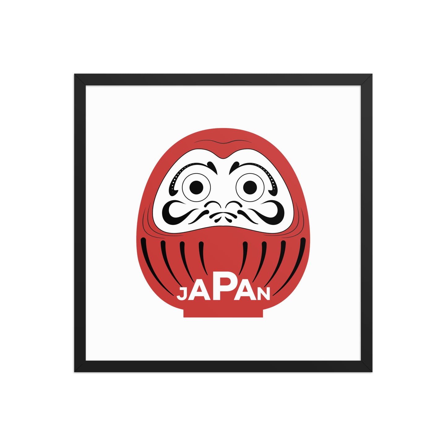 Large 18x18 red and white Daruma framed wall art by Aymar Quiris Studio, Japanese statement piece.