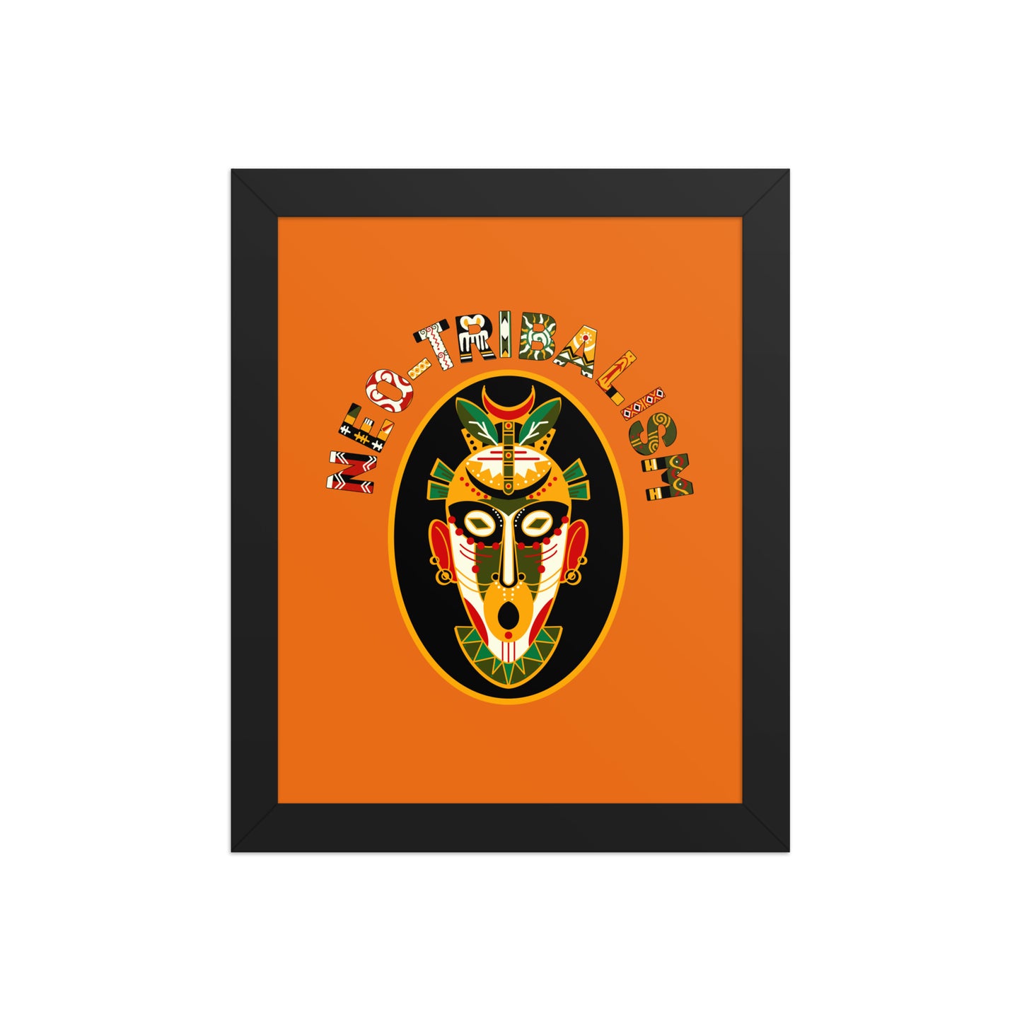 Africa-Neo Tribal Mask framed poster by Aymar Quiris Studio, burnt orange retro wall art with ethnic tribal mask design, available in multiple sizes for home decor.