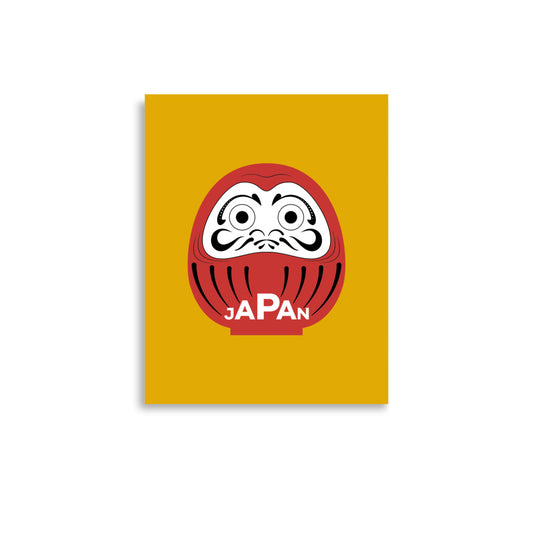 Japan-Daruma Lucky Charm poster in yellow and red by Aymar Quiris Studio, Japanese themed wall art for wealth and prosperity, available in multiple sizes.