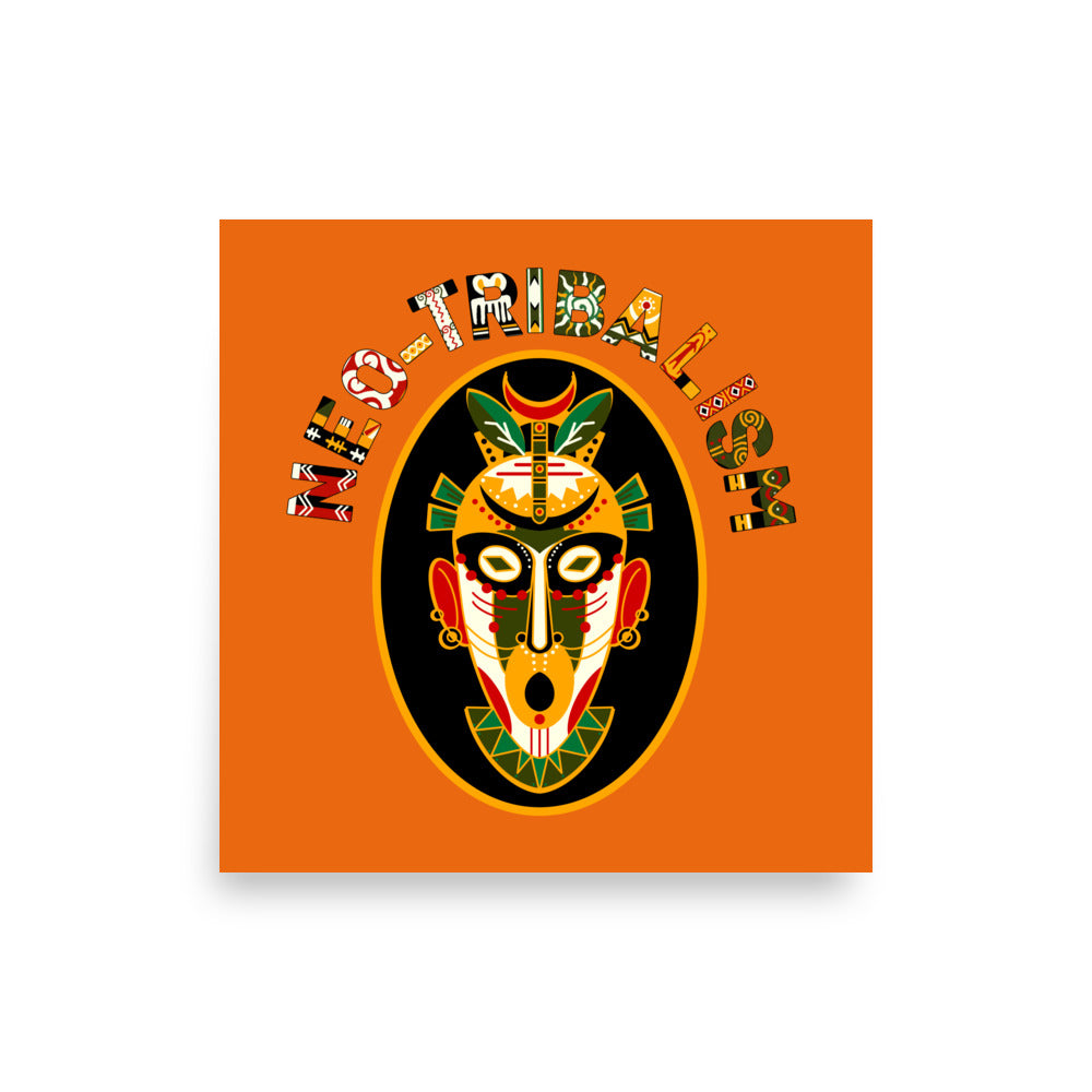 Aymar Quiris Studio 12x12 orange tribal art print, compact retro Africa-Neo Tribal Mask poster, vertical wall decor for narrow spaces and gallery walls