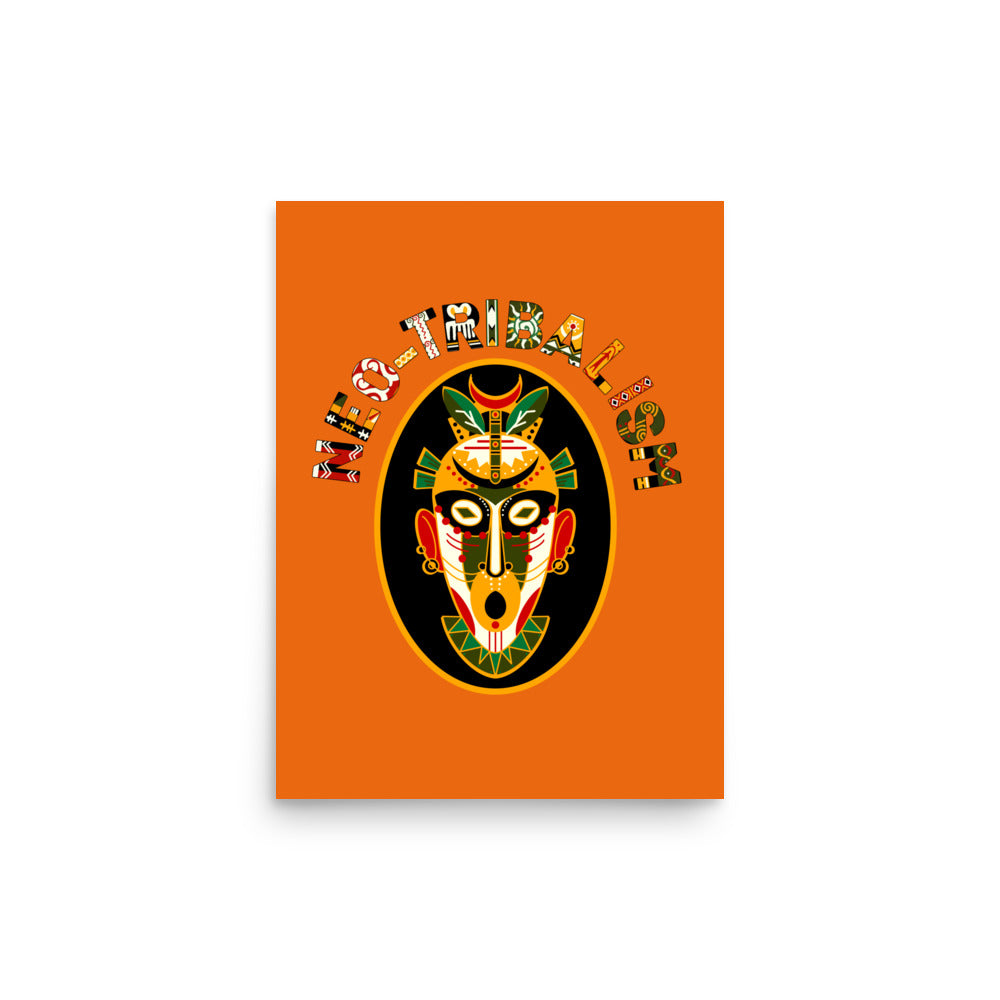 12x16 inch Africa-Neo Tribal Mask poster, vibrant burnt orange retro graphic art from Aymar Quiris Studio, collectible ethnic art print for minimalist home decor