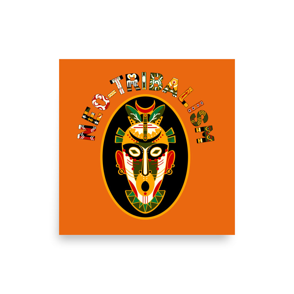 Africa-Neo Tribal Mask retro poster by Aymar Quiris Studio, 14x14 inch burnt orange wall art, vintage ethnic mask print in narrow vertical size