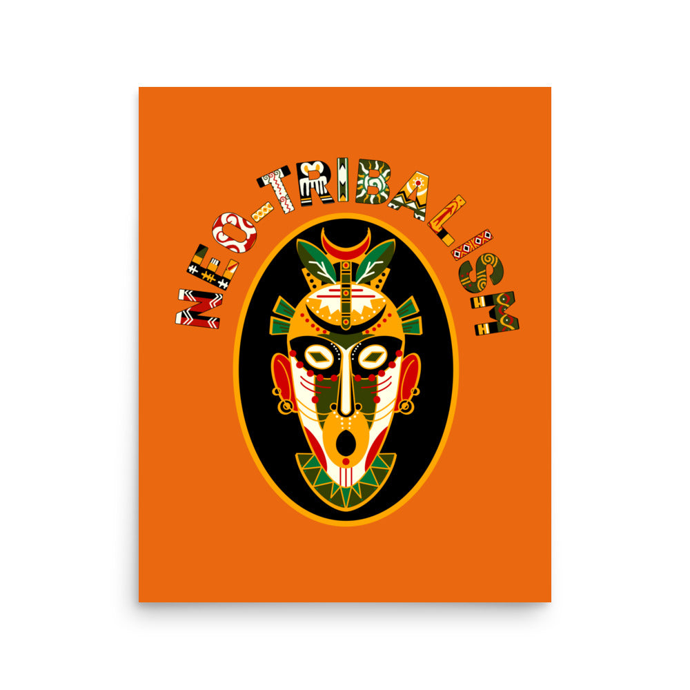 Africa-Neo Tribal Mask retro poster by Aymar Quiris Studio, 16x20 inch burnt orange wall art, vintage ethnic mask print in narrow vertical size