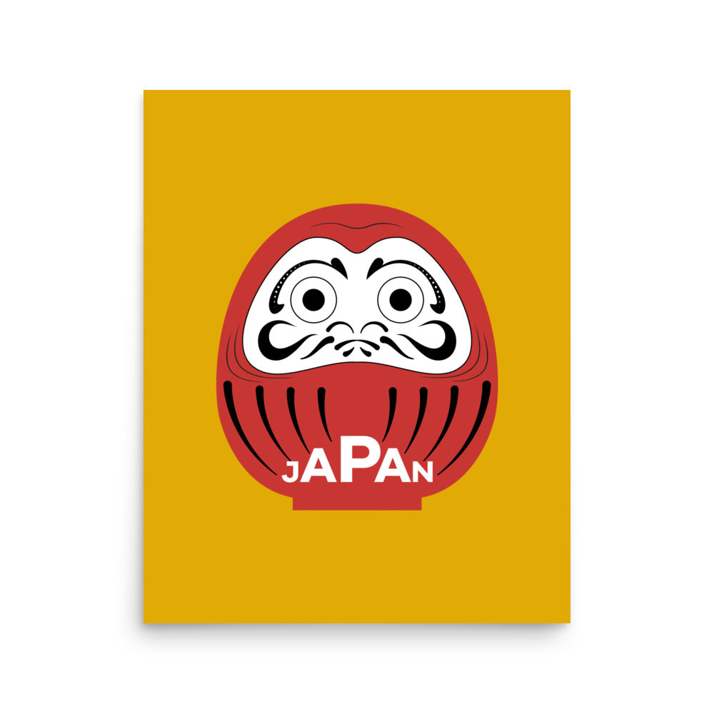 Large scale yellow Daruma framed poster, 16x20 red and yellow statement wall art by Aymar Quiris Studio.