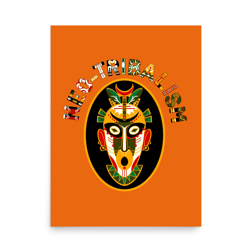 Africa-Neo Tribal Mask retro poster by Aymar Quiris Studio, 18x24 inch burnt orange wall art, vintage ethnic mask print in narrow vertical size