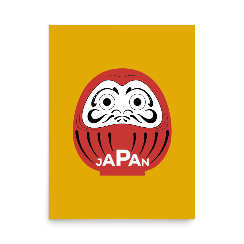 Large scale yellow Daruma framed poster, 18x24 red and yellow statement wall art by Aymar Quiris Studio.