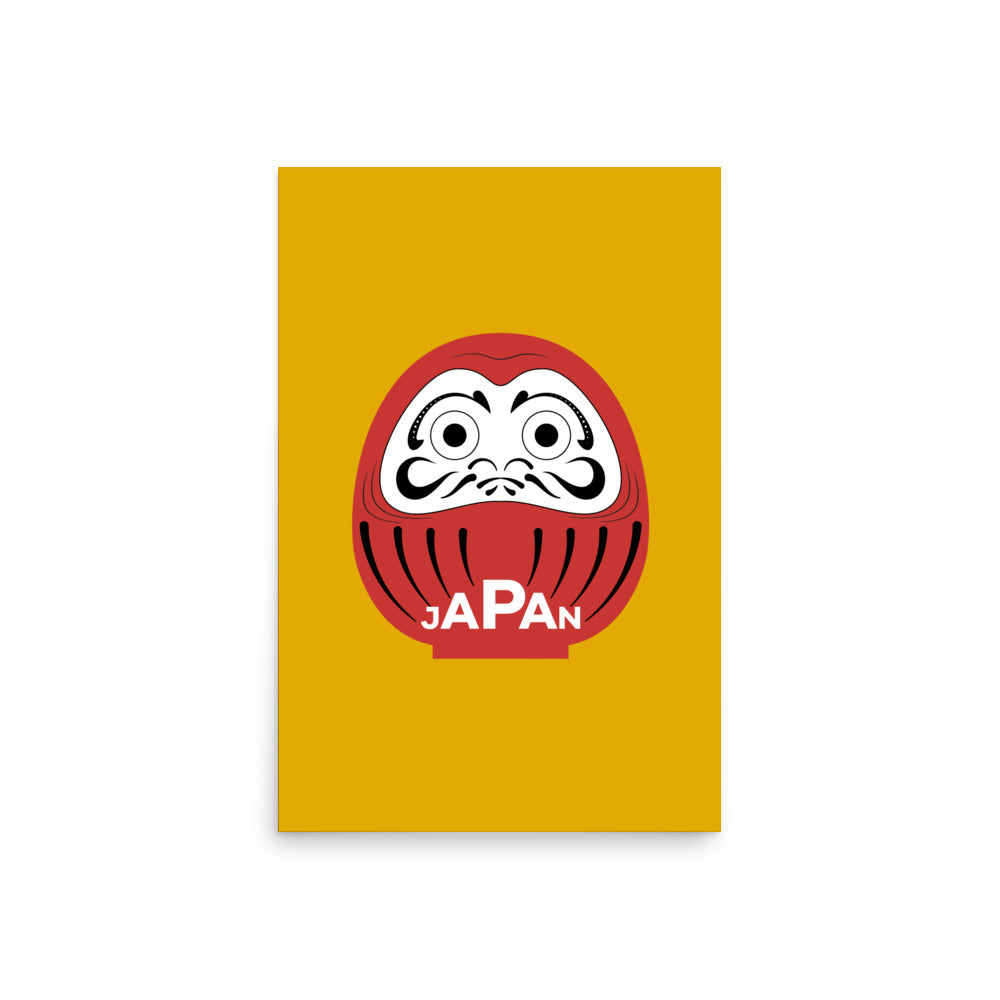Large scale yellow Daruma framed poster, 20x30 red and yellow statement wall art by Aymar Quiris Studio.