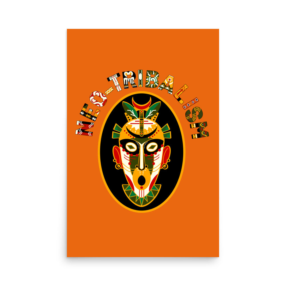 Africa-Neo Tribal Mask retro poster by Aymar Quiris Studio, 24x36 inch burnt orange wall art, vintage ethnic mask print in narrow vertical size