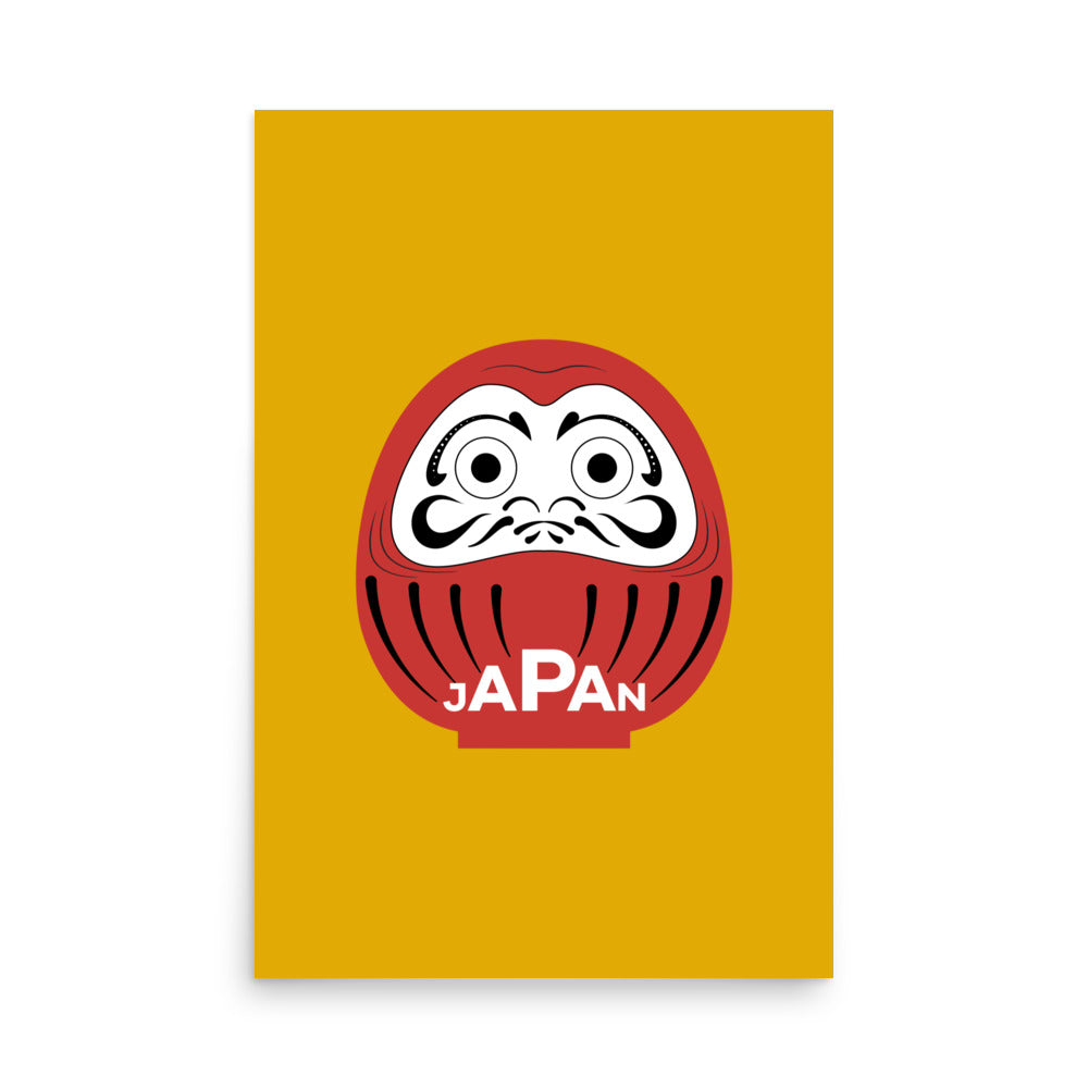 Large scale yellow Daruma framed poster, 24x36 red and yellow statement wall art by Aymar Quiris Studio.