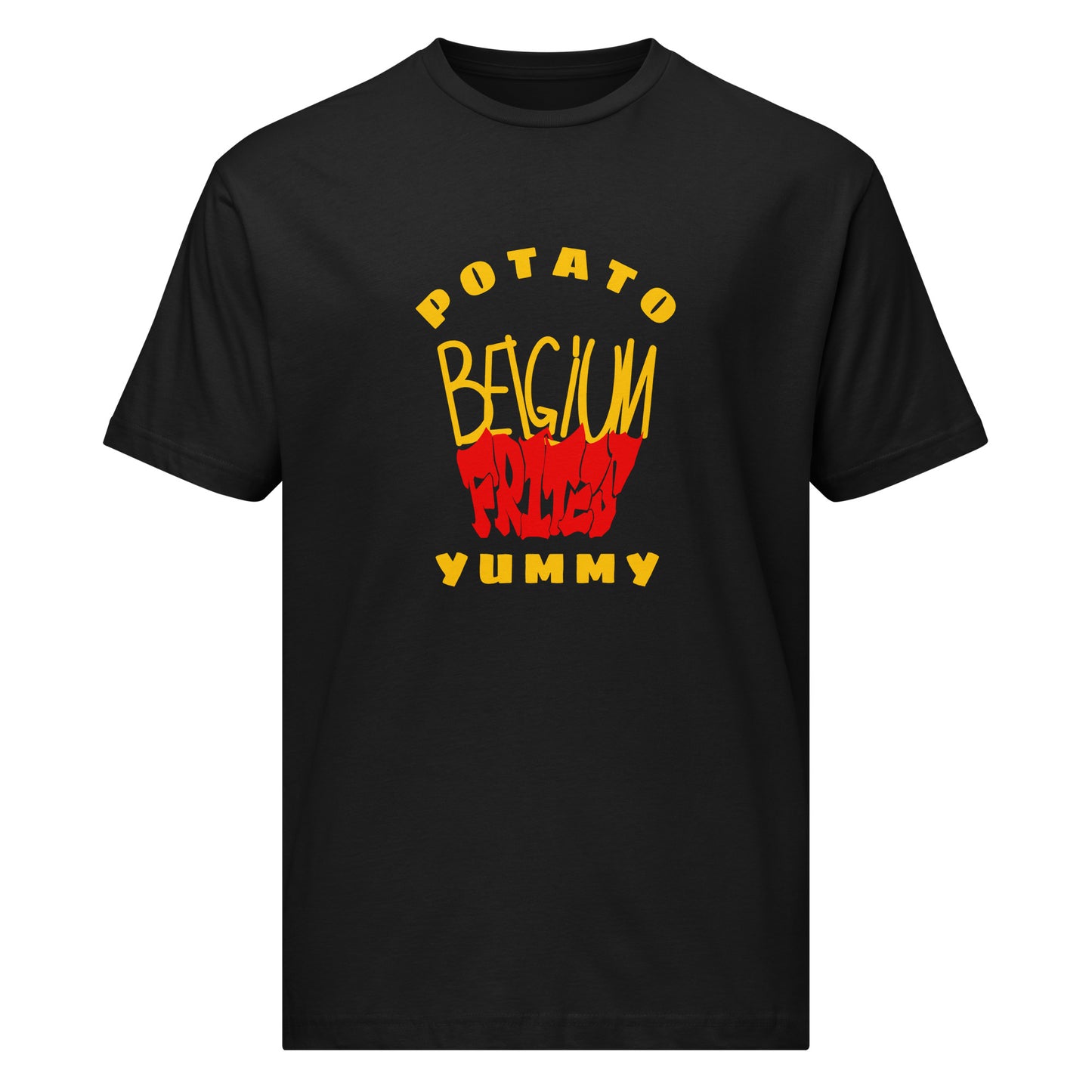 Front view of Frites black short sleeve T-shirt by Aymar Quiris Studio, unisex streetwear tee with playful french fries graphic, stylish summer cotton top.