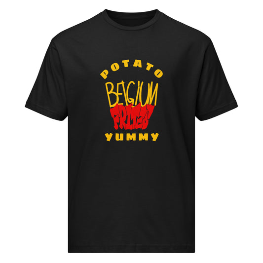 Front view of Frites black short sleeve T-shirt by Aymar Quiris Studio, unisex streetwear tee with playful french fries graphic, stylish summer cotton top.