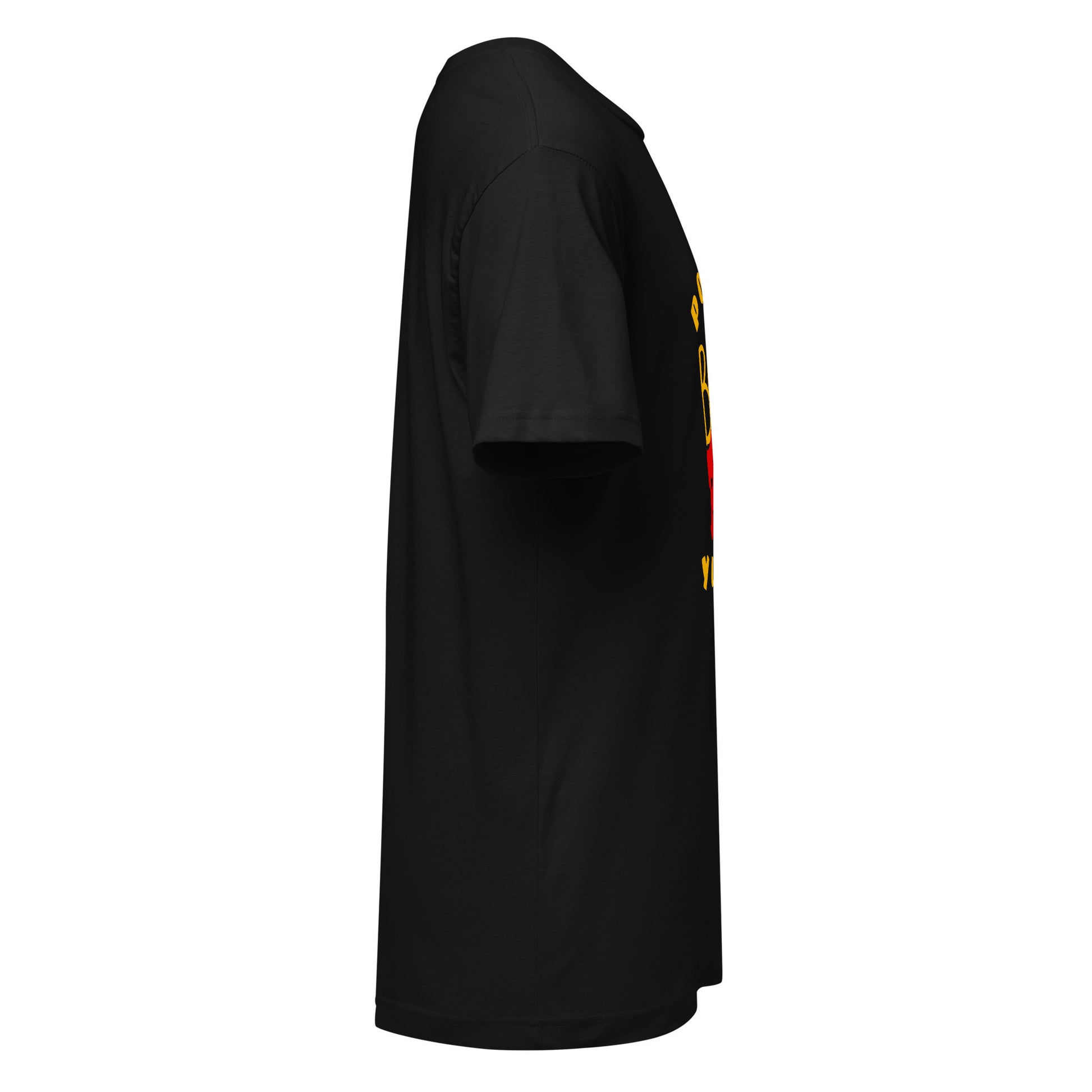 Side profile of Frites black short sleeve shirt from Aymar Quiris Studio, comfortable unisex fit streetwear tee, high-quality cotton graphic T-shirt detail.