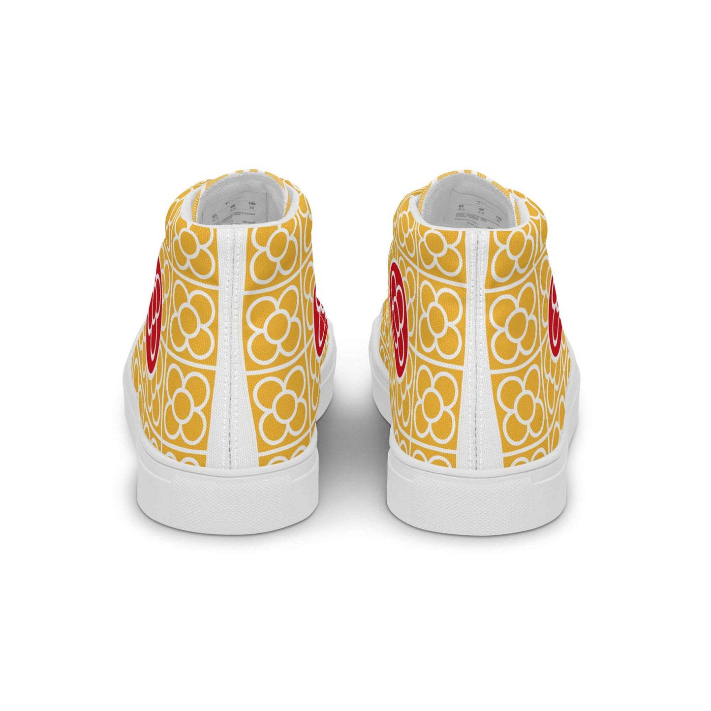 Rear view of Spain Floor Tile yellow sneakers from Aymar Quiris Studio, high-quality unisex canvas high-tops with colorful Mediterranean-inspired graphics