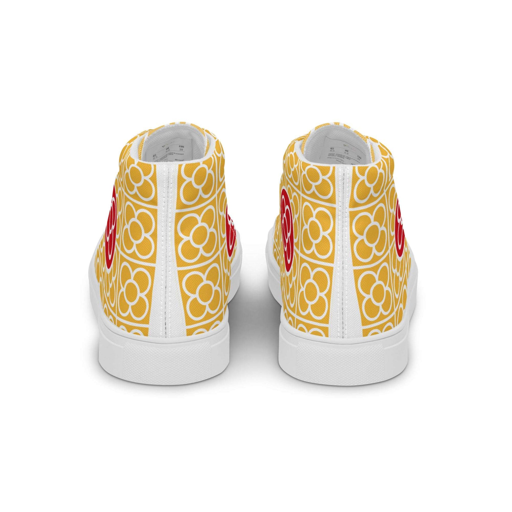 Rear view of Spain Floor Tile yellow sneakers from Aymar Quiris Studio, high-quality unisex canvas high-tops with colorful Mediterranean-inspired graphics