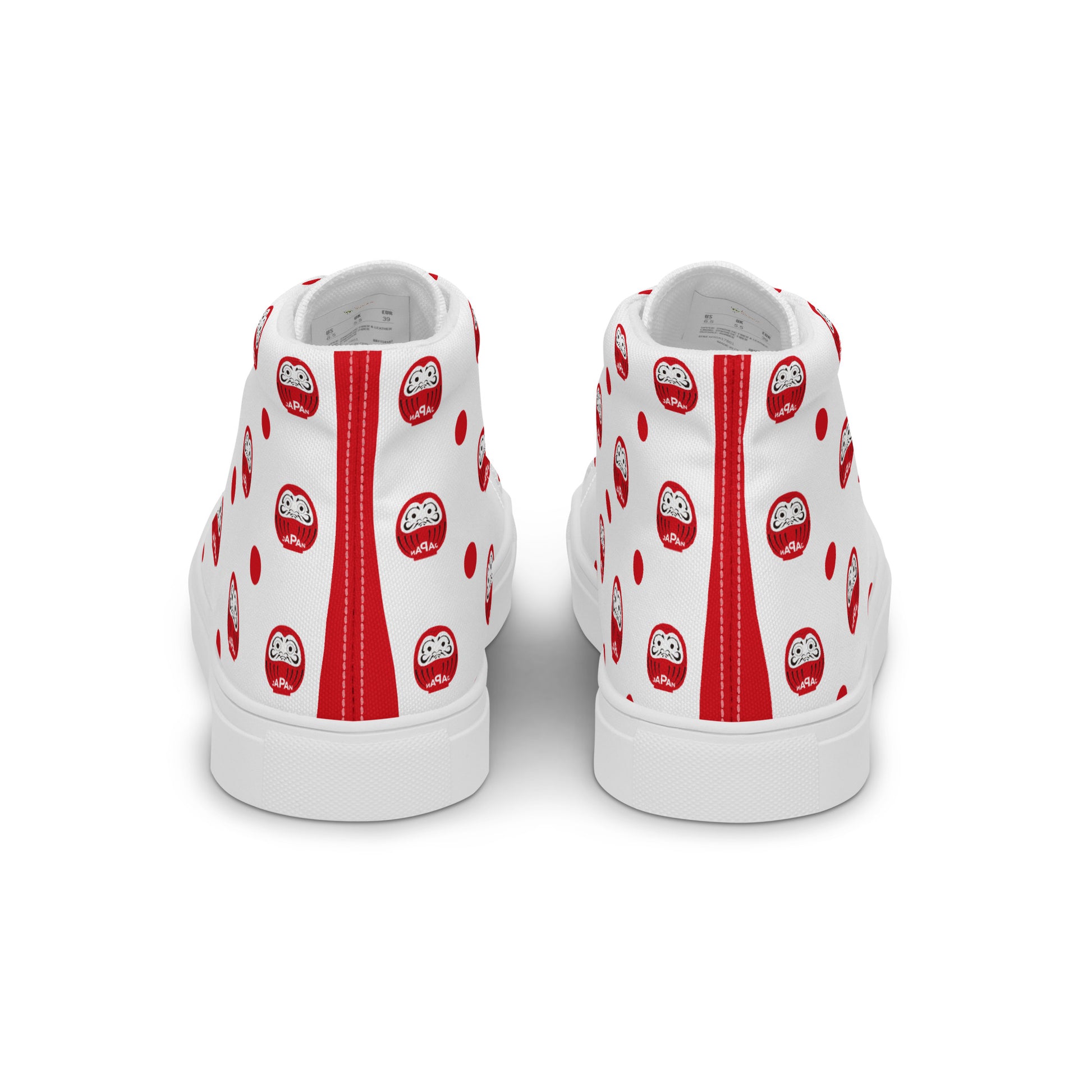Rear view of Aymar Quiris Studio white Japan-Daruma shoes, stylish unisex sneakers featuring lucky charm graphics, high-quality heel detail and construction