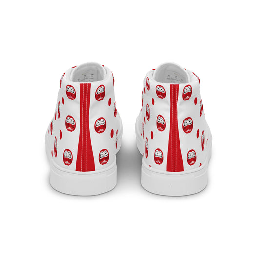 Rear view of Aymar Quiris Studio white Japan-Daruma shoes, stylish unisex sneakers featuring lucky charm graphics, high-quality heel detail and construction