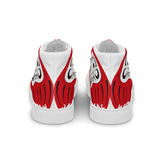 Rear view of Japan-Daruma Lucky Steps white and red sneakers, high-quality unisex high-tops with durable canvas and artistic Japanese folk design.