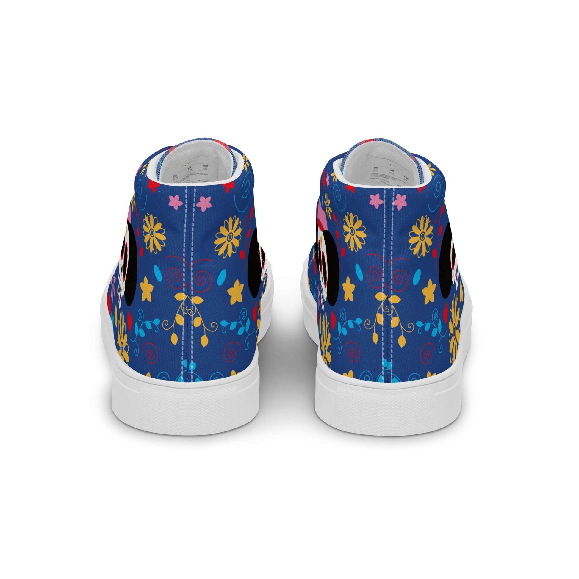 Rear view of Fiesta Sugar Skull blue sneakers from Aymar Quiris Studio, high-quality unisex canvas high-tops with colorful ethnic skull graphics.
