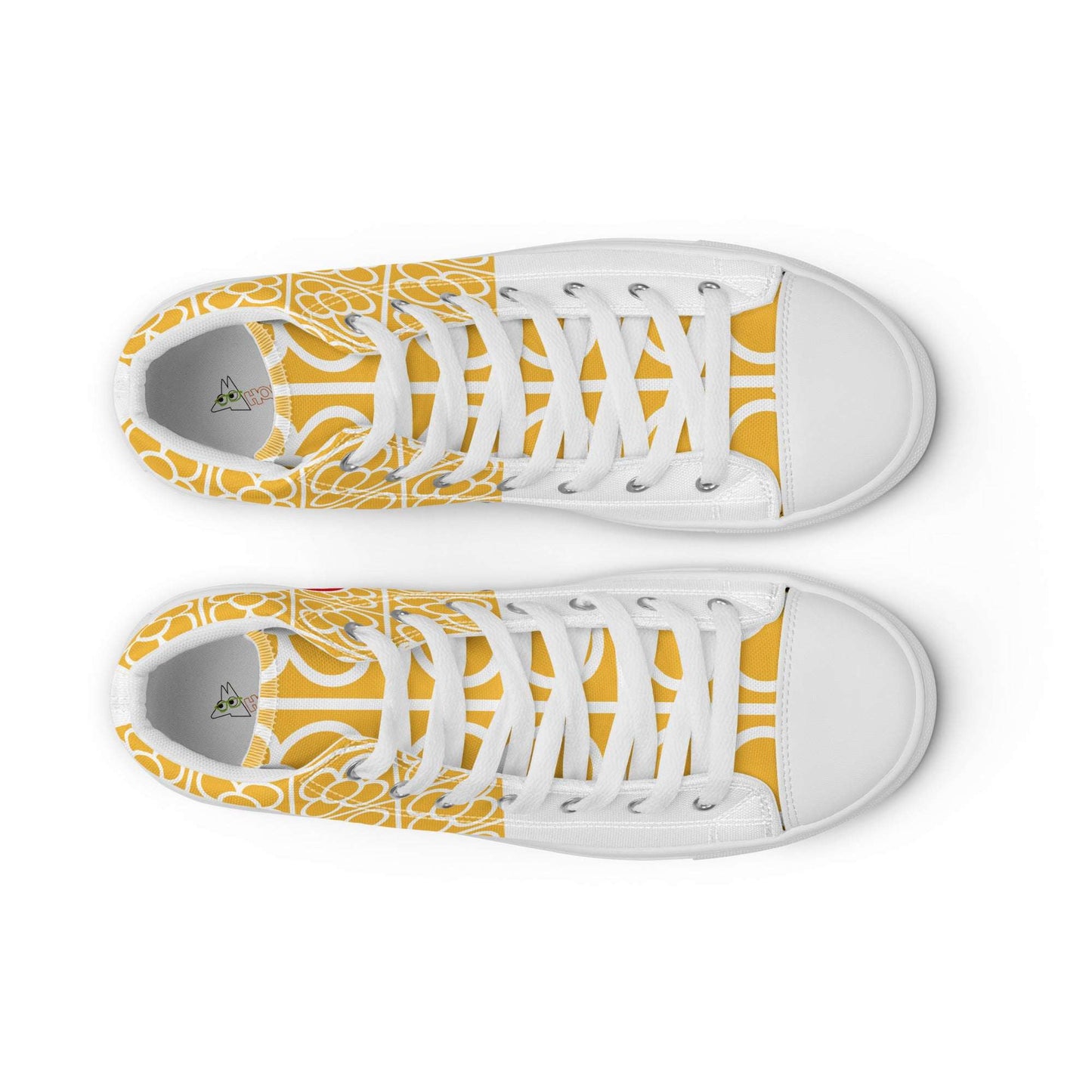Top down view of unisex Spain Floor Tile yellow shoes, aesthetic high-top sneakers by Aymar Quiris Studio with symmetrical Spanish tile print and white laces.
