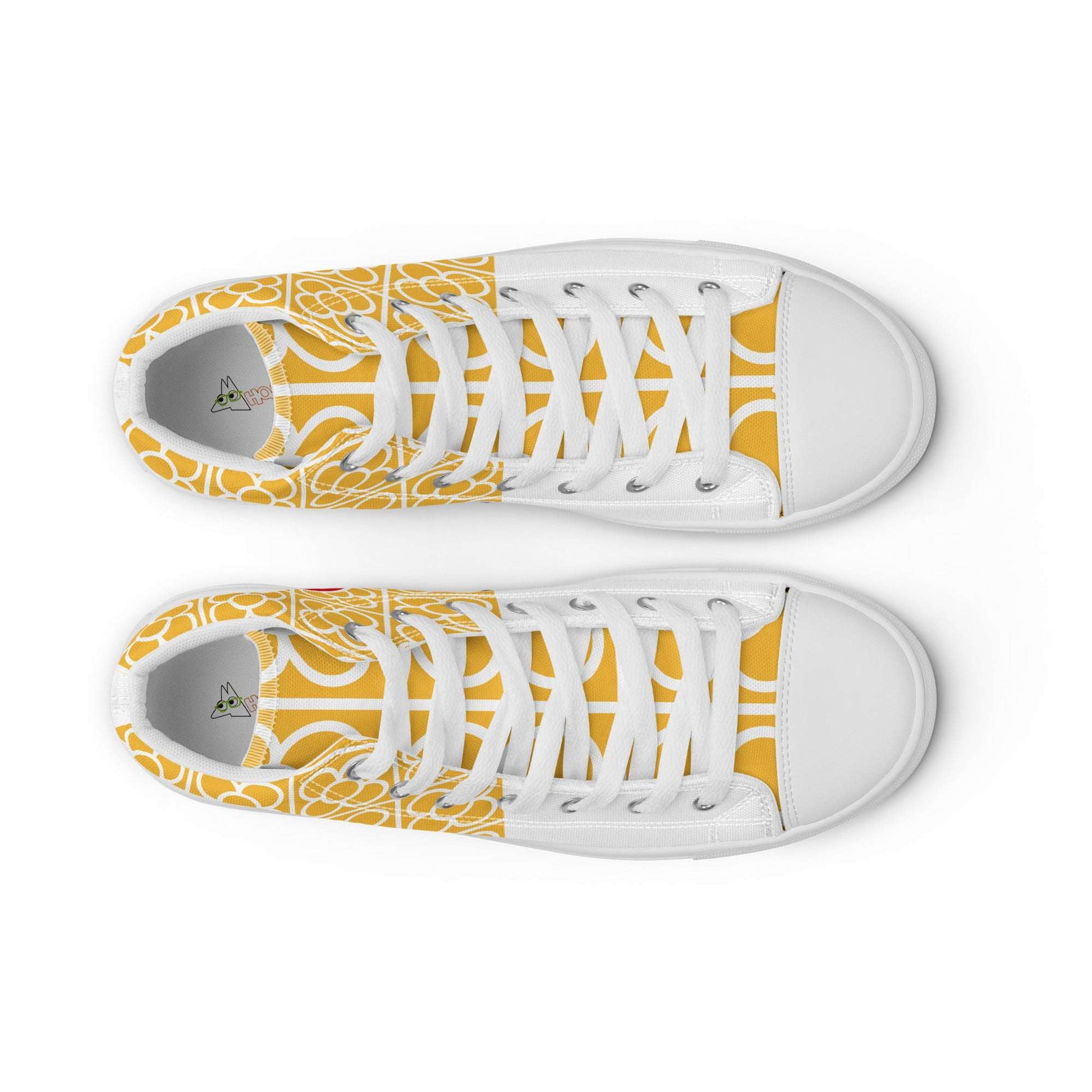 Top down view of unisex Spain Floor Tile yellow shoes, aesthetic high-top sneakers by Aymar Quiris Studio with symmetrical Spanish tile print and white laces.
