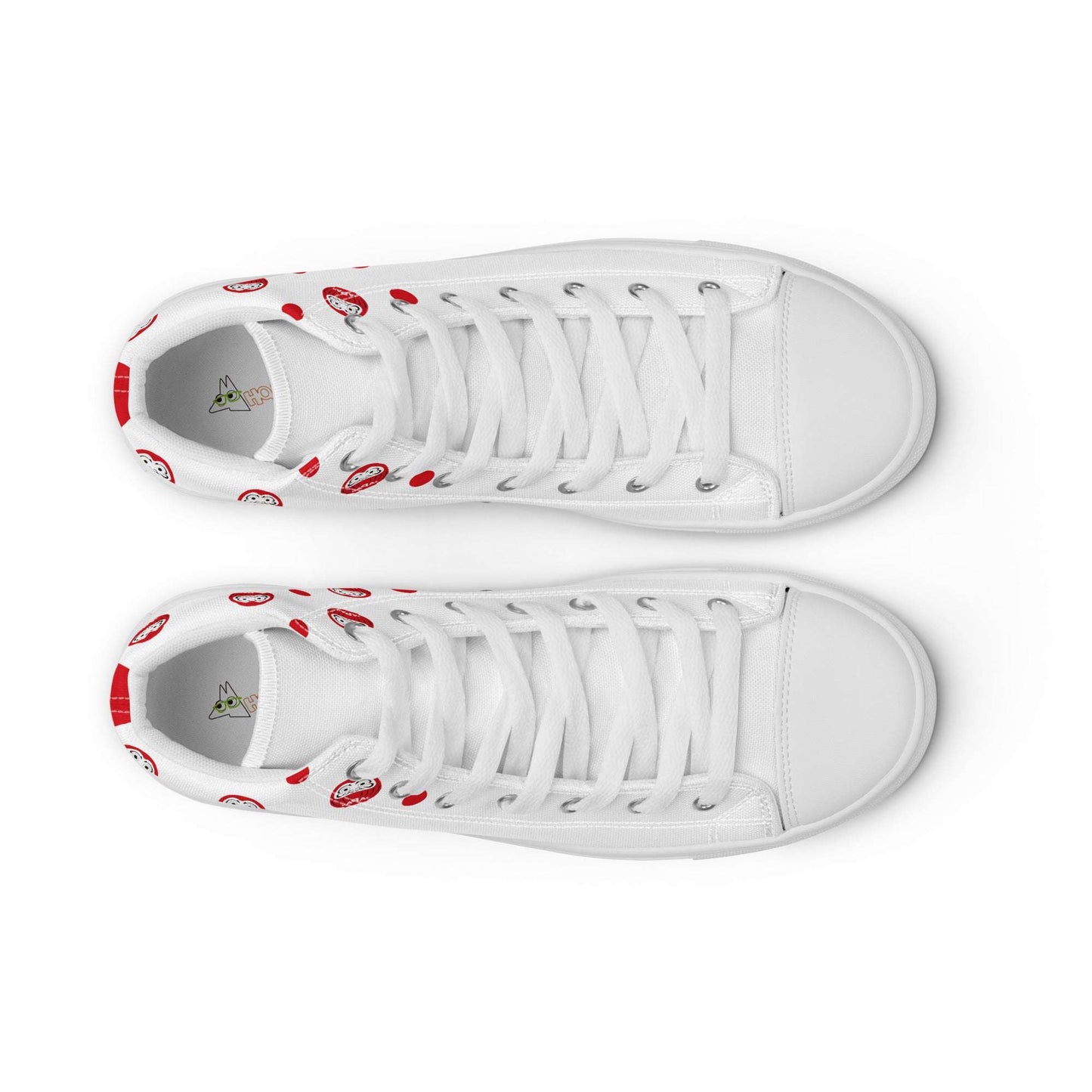 Top view of Japan-Daruma Lucky Charm white shoes by Aymar Quiris Studio, unisex canvas sneakers showing symmetrical Daruma art and clean white laces, aesthetic streetwear footwear perspective.