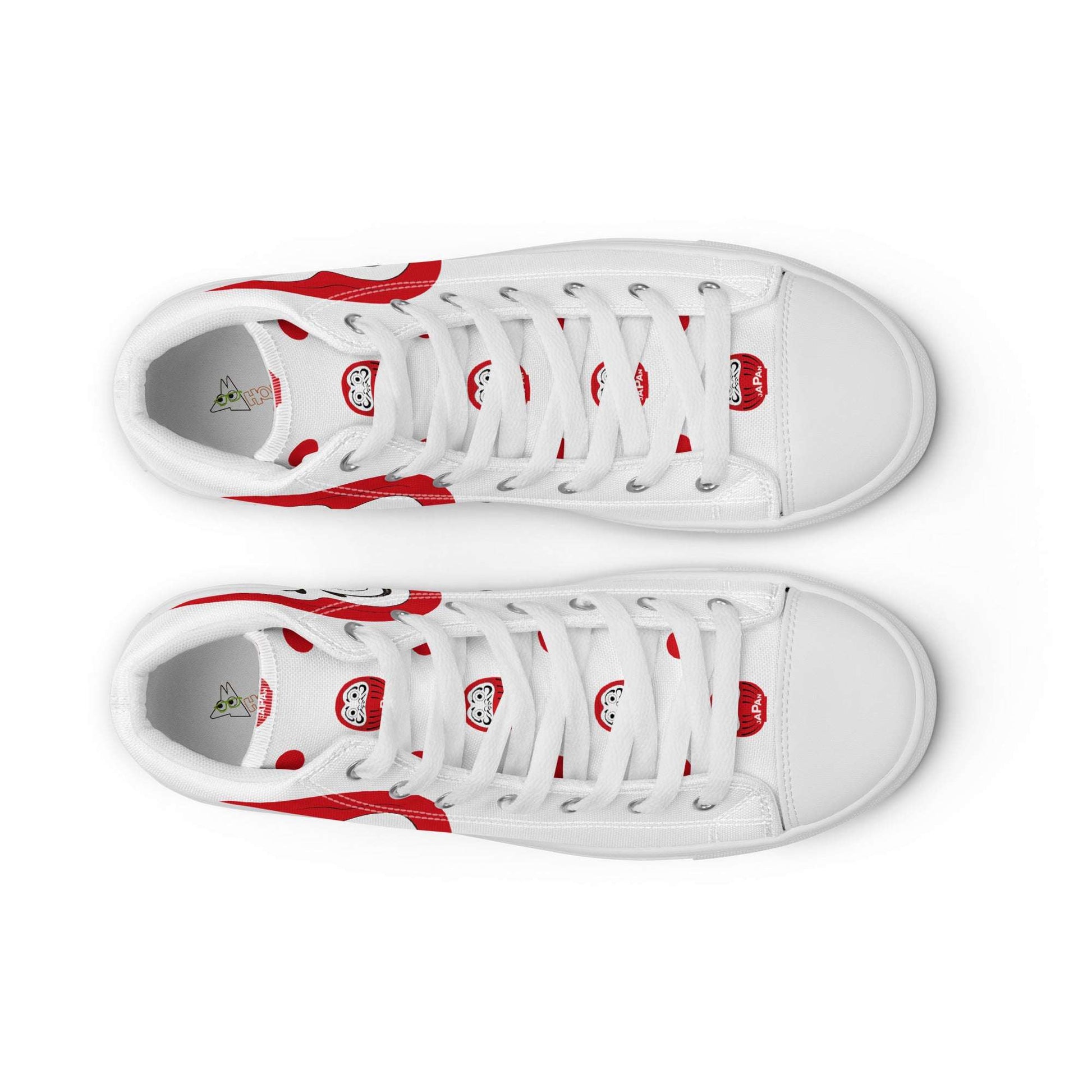 Top down view of Japan-Daruma Lucky Steps white and red shoes, aesthetic unisex sneakers with symmetrical lucky charm patterns and clean white laces.